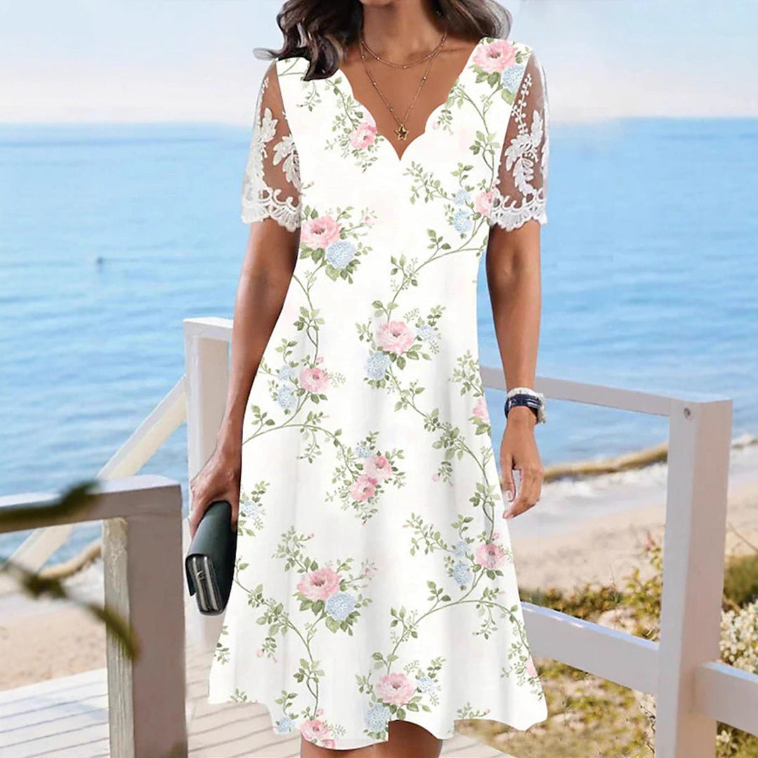 Damen nan A-Linien-Midikleid mit wellenförmigem V-Ausschnitt, ganzflächigem Blumenmuster und transparenten Spitzenärmeln Drune