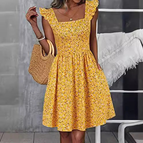 Damen Sommerkleid mit Rüschenärmeln und Schlitz Drune