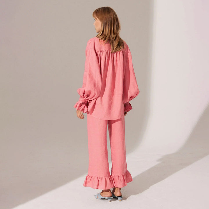 Damen Lässiges Leinen-Ensemble mit Rüschendetails Drune