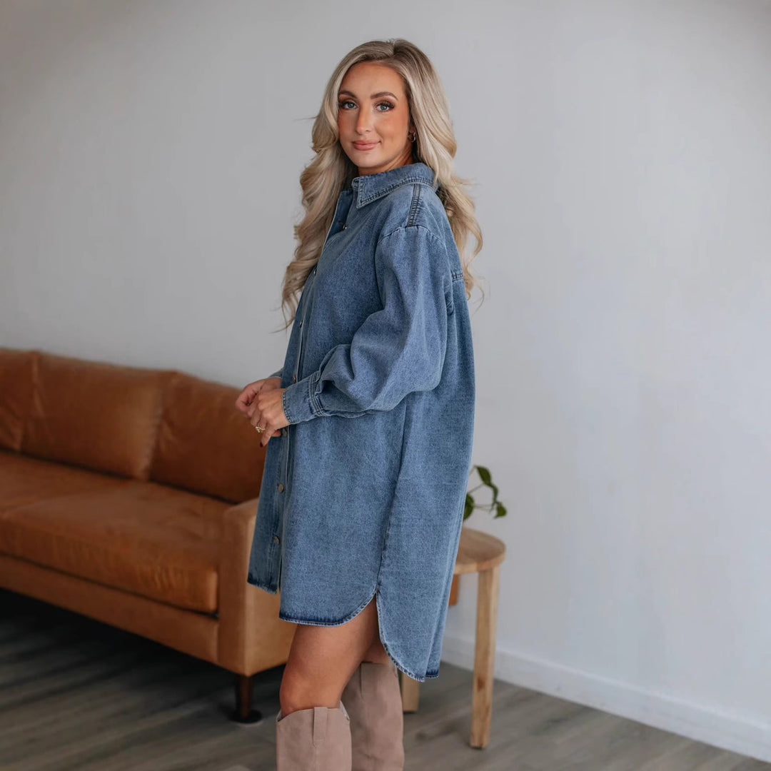 Damen Denim Hemdkleid mit exklusivem Gürtel und praktischen Taschen Drune