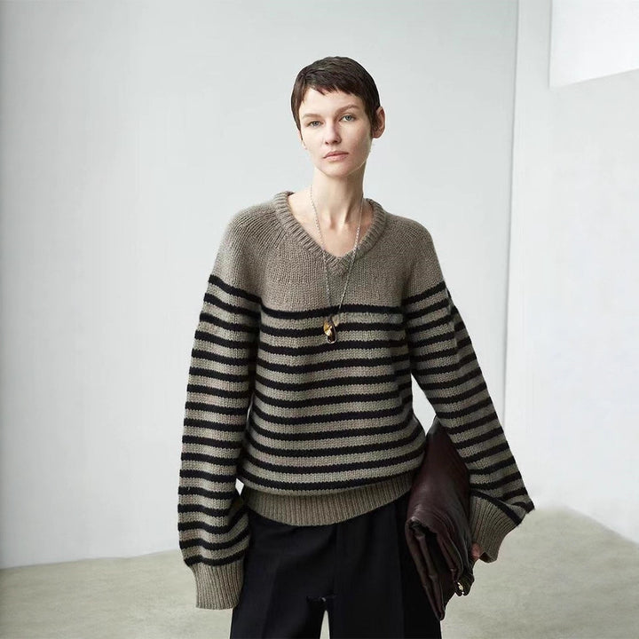 Damen lässiger V-Ausschnitt Pullover mit Streifen Drune