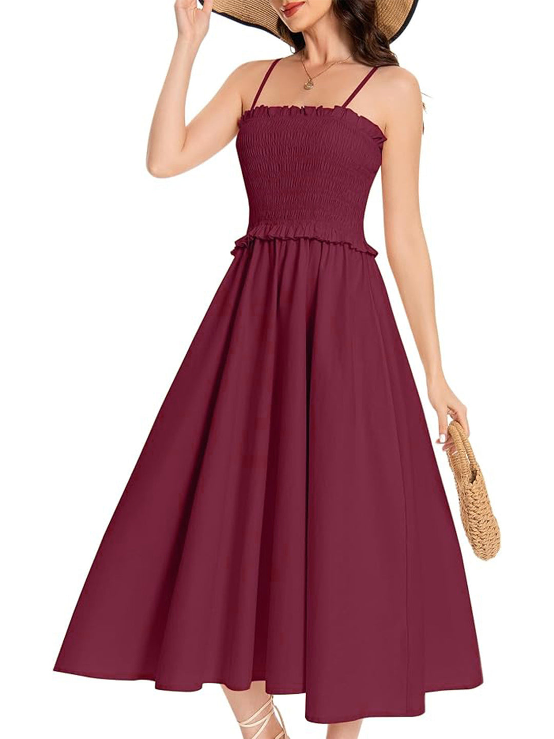Damen Midi-Kleid mit elastischem Oberteil und weiten Rock Drune