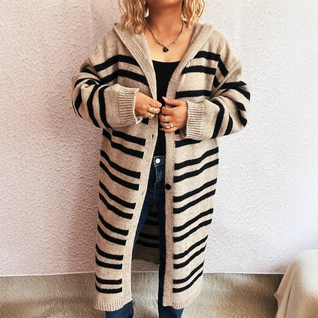 Damen gemütlicher Strickcardigan mit hochgeschlossenem Kragen und modischem Streifenmuster Drune