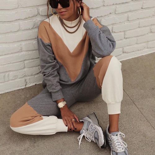 Damen nan sportives Colorblock-Sweatset mit Rundhalsausschnitt, Raglanärmeln und taillierter Jogginghose Drune