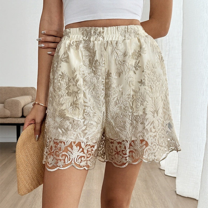 Damen Elegante Satin-Shorts mit Spitzenstickerei und elastischem Bund Drune