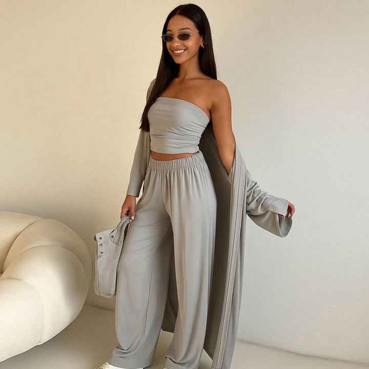 Damen elegantes 3-teiliges Set mit weitem Hosen und tailliertem Oberteil Drune