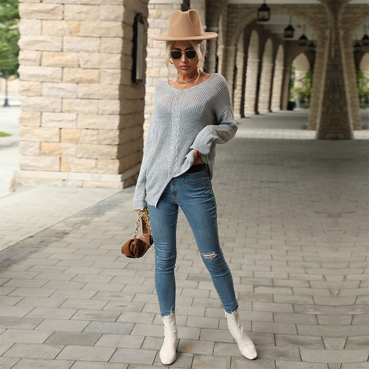 Damen lässiger Strickpullover mit V-Ausschnitt und strukturiertem Muster Drune