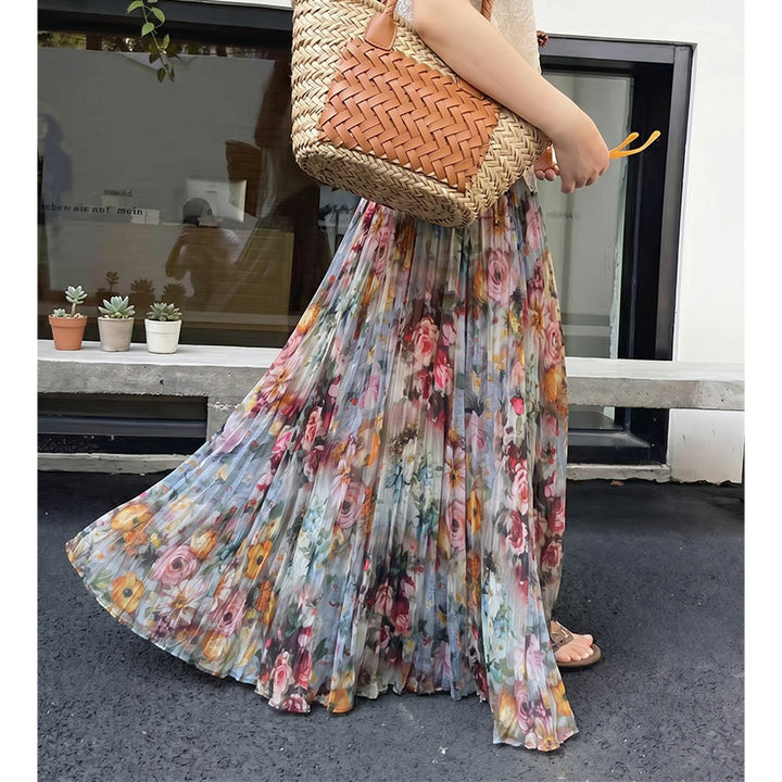 Damen nan fein gefalteter Midirock mit Vintage Blumenprint und elastischem Taillenbund Drune