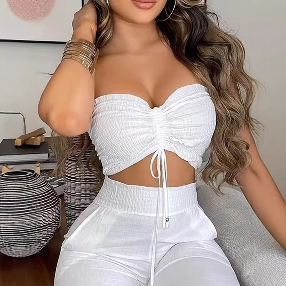 Damen Zweiteiliges Outfit aus leichtem Material mit verstellbarem Crop-Top und High-Waist-Hose Drune