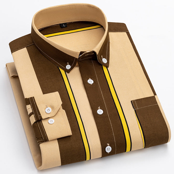 Herren nan gestreiftes Business-Hemd mit Button-Down-Kragen, Brusttasche und bügelleichtem Baumwollmix Drune