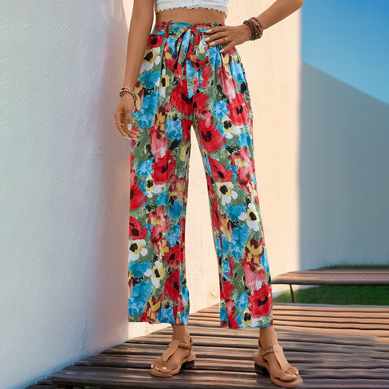 Damen weite Sommerhose mit buntem Blumenmuster und elastischem Bund Drune