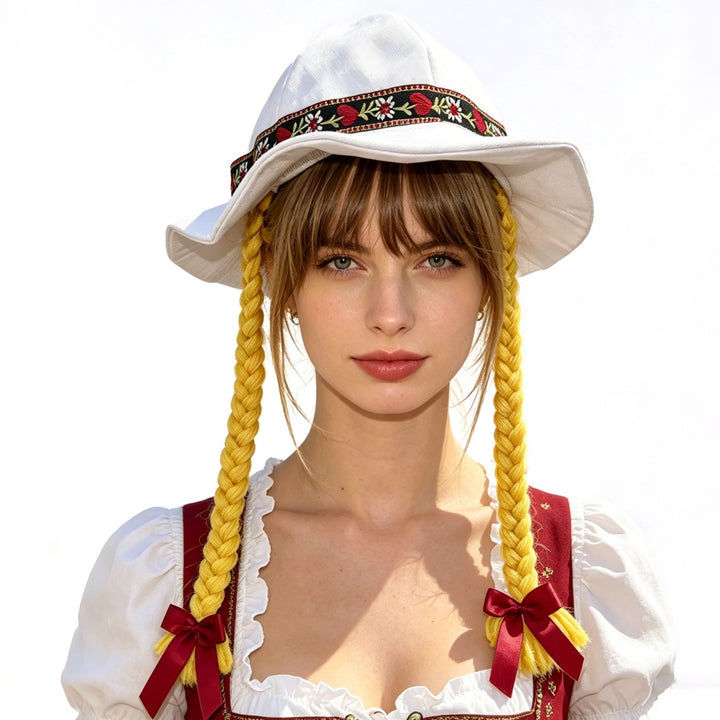 Damen nan folklorischer Sonnenhut mit dekorativem besticktem Band und langen geflochtenen Zöpfen Drune