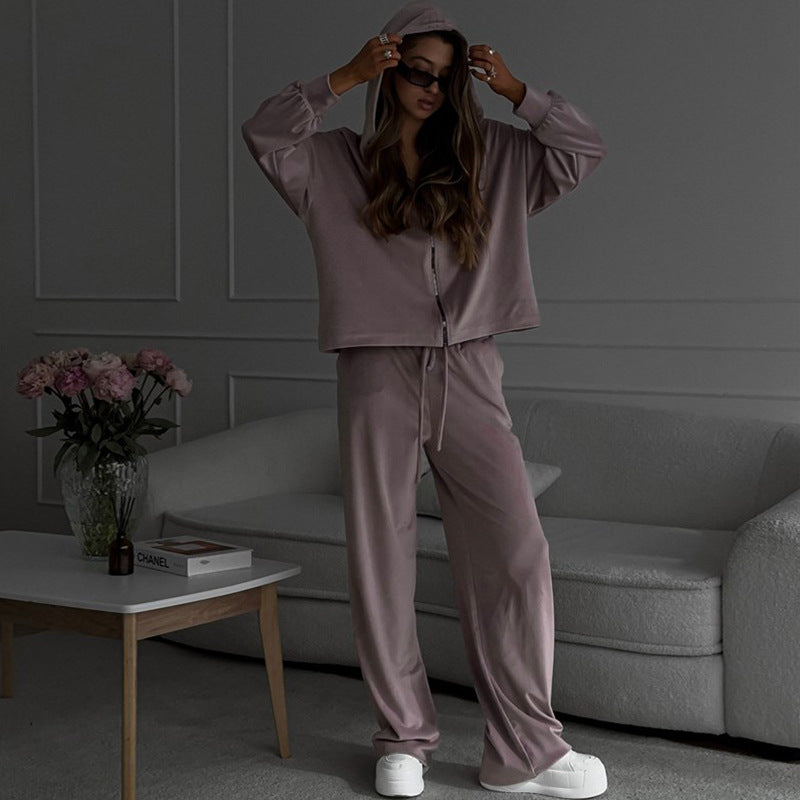 Damen lässiger Fleece-Jogginganzug mit Kapuze und weitem Schnitt Drune