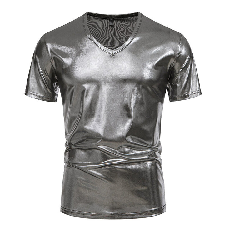 Herren Glänzendes Metallisches V-Ausschnitt T-Shirt Drune
