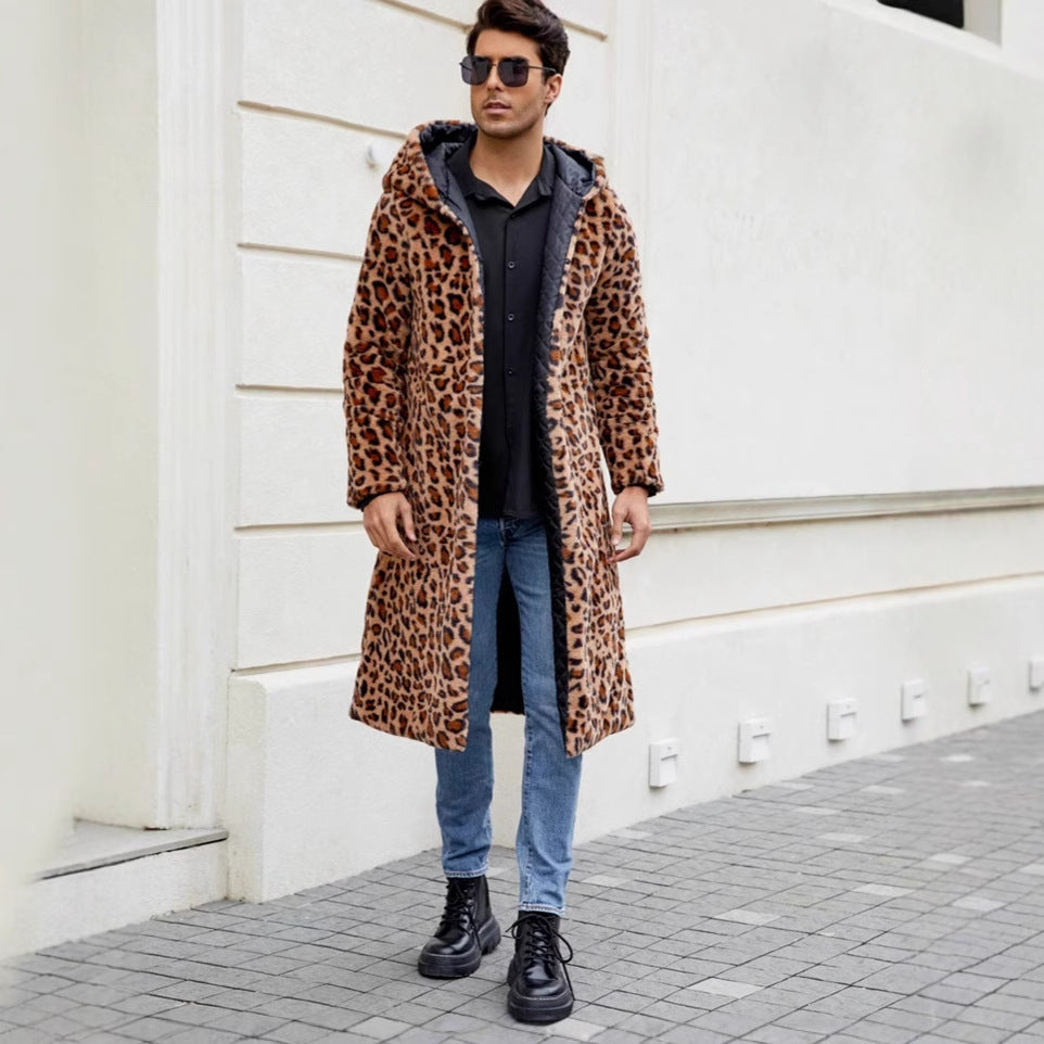Herren Eleganter Kunstfellmantel mit Leopardenmuster Drune