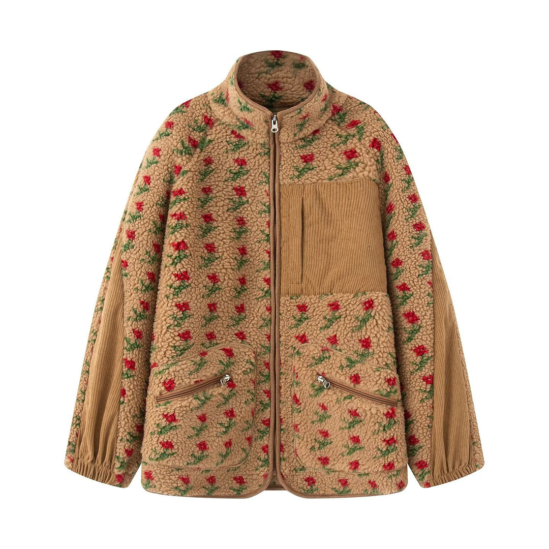 Damen nan Teddy-Fleece Jacke mit floralem Muster, Feincord-Einsätzen, Stehkragen und Reißverschluss Drune