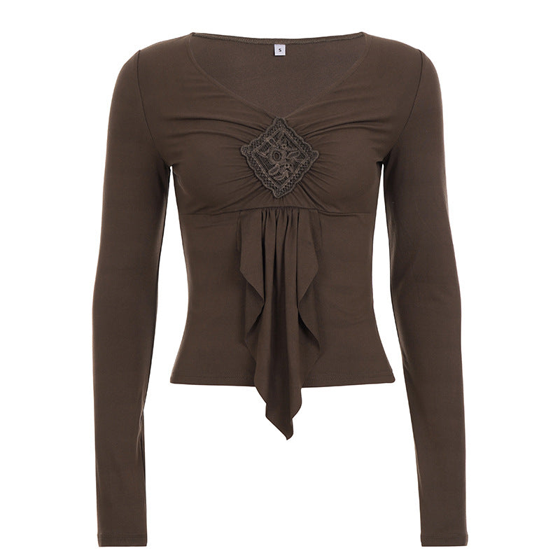 Damen nan figurbetontes Langarmshirt mit Drapé-Vorderteil und gehäkelter Mittelapplikation Drune