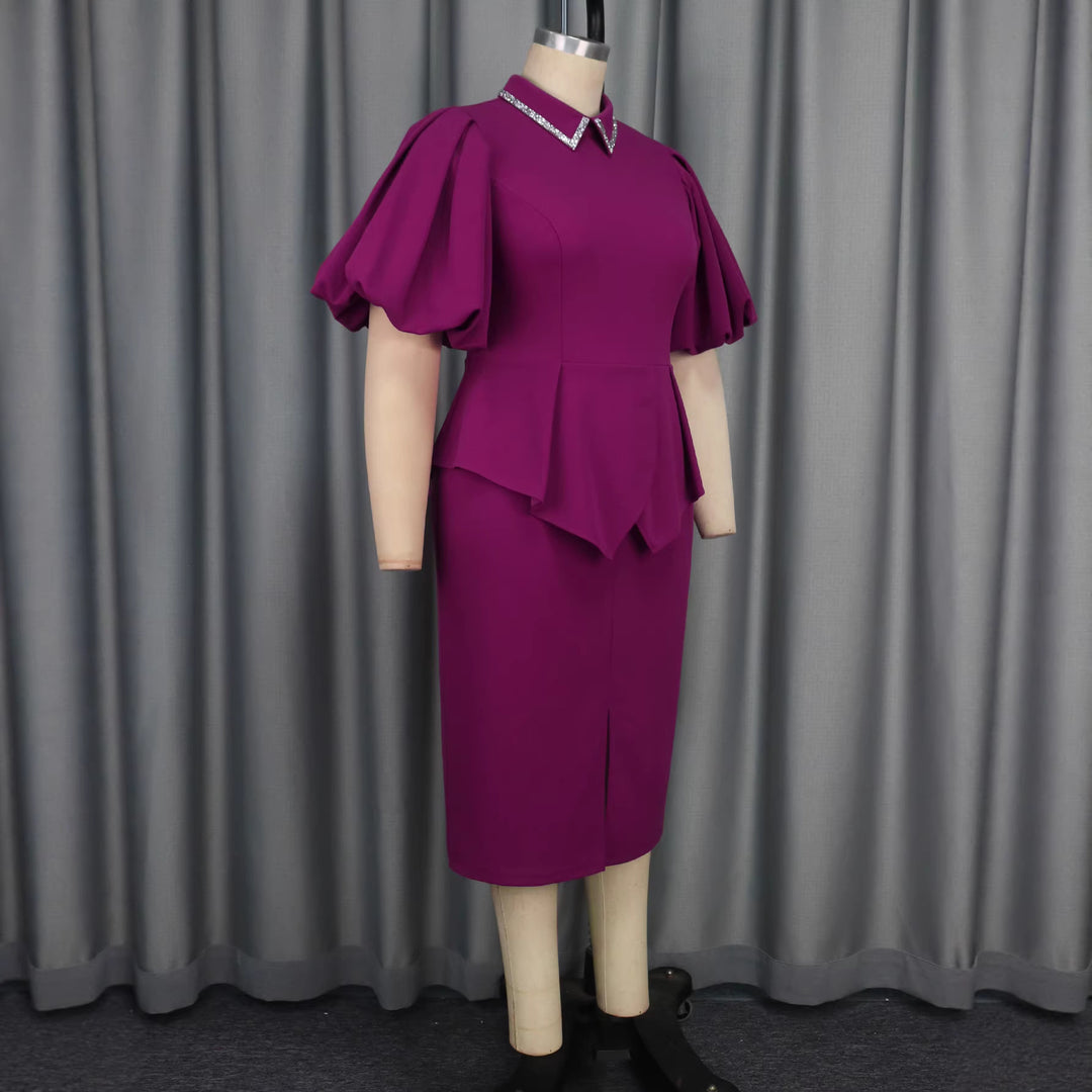 Damen Figurbetontes Peplum Kleid mit Puffärmeln und Glitzerkragen Drune