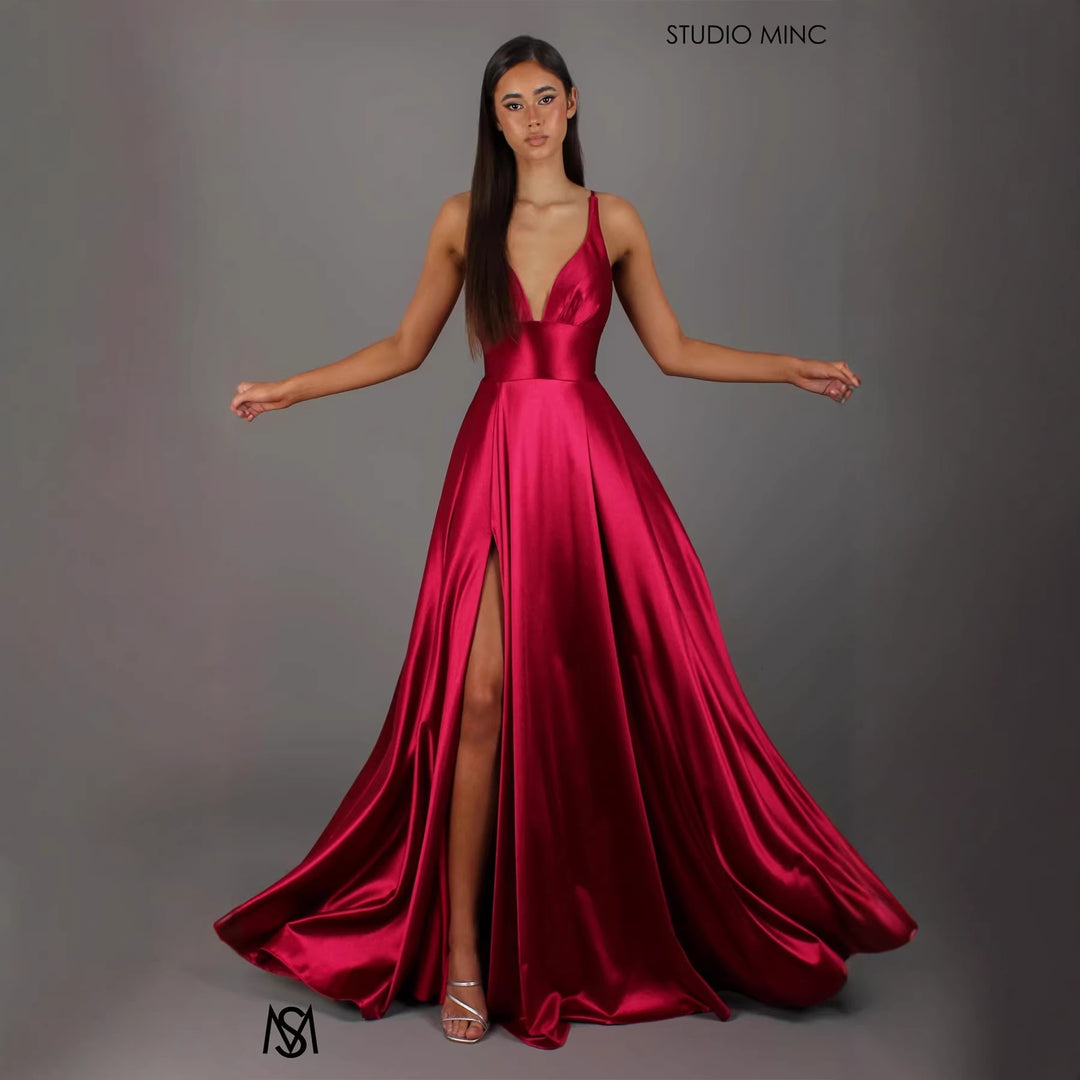 Damen Elegantes Maxikleid mit tiefem V-Ausschnitt und modischem Schlitz Drune