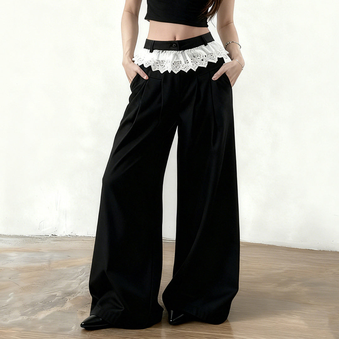 Damen Elegante weite High-Waist-Hose mit Spitzenbesatz Drune