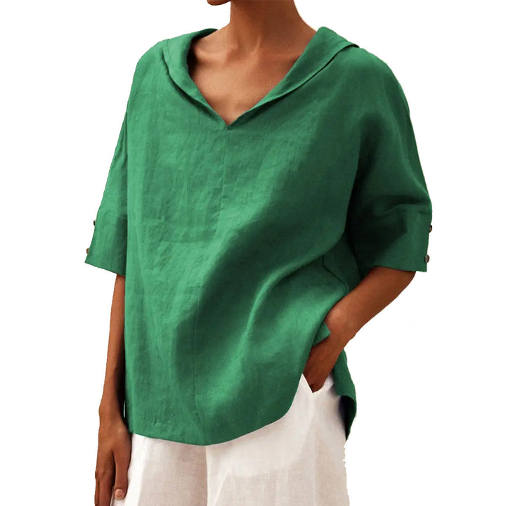 Damen lässige Leinenbluse mit Kapuze und kurzen Ärmeln Drune