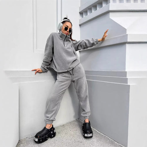 Damen Fleece-Lounge-Set mit hochschließendem Kragen und verstellbarem Bund Drune
