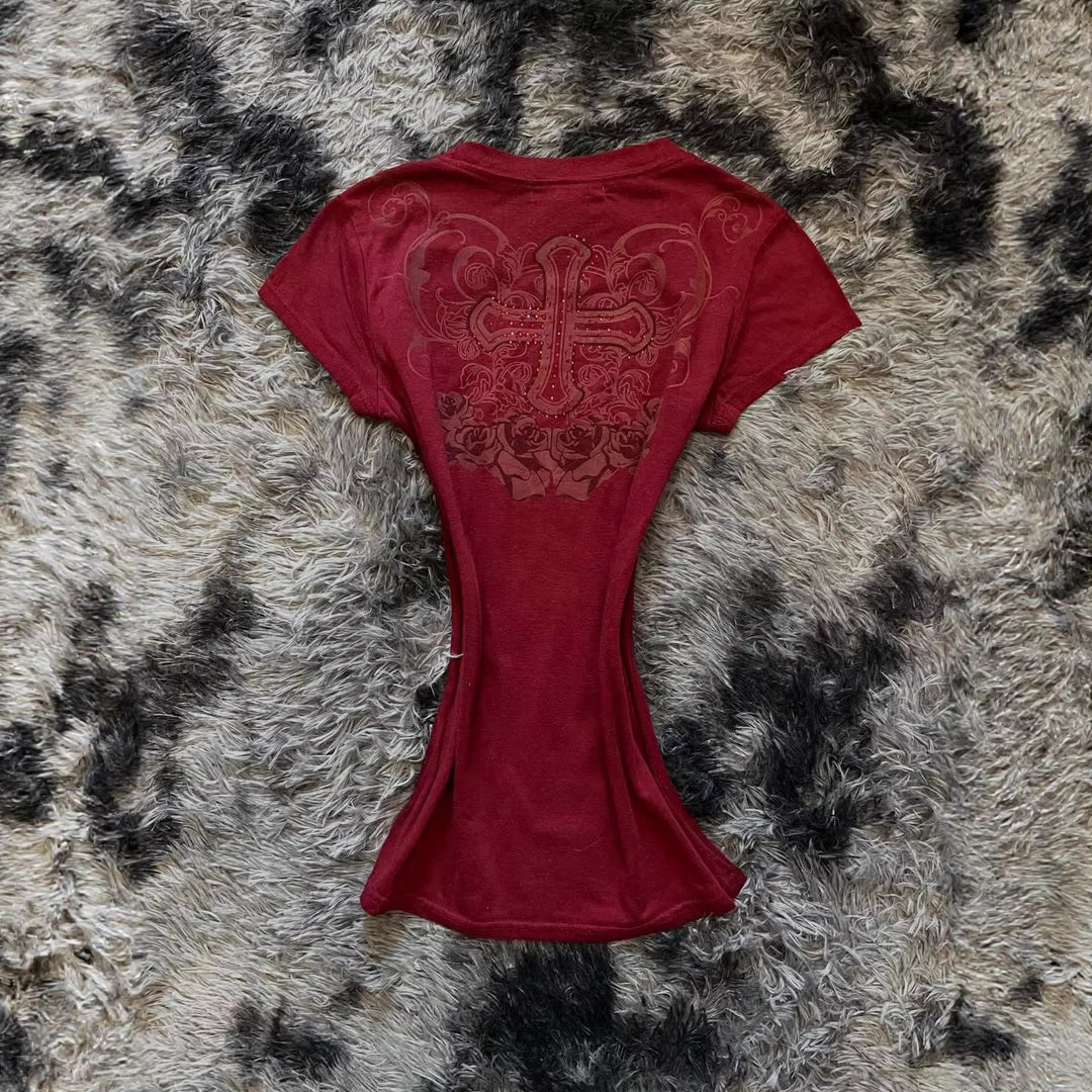 Damen T-Shirt mit aufwendig gestaltetem floralem Druck und Glitzerakzenten Drune