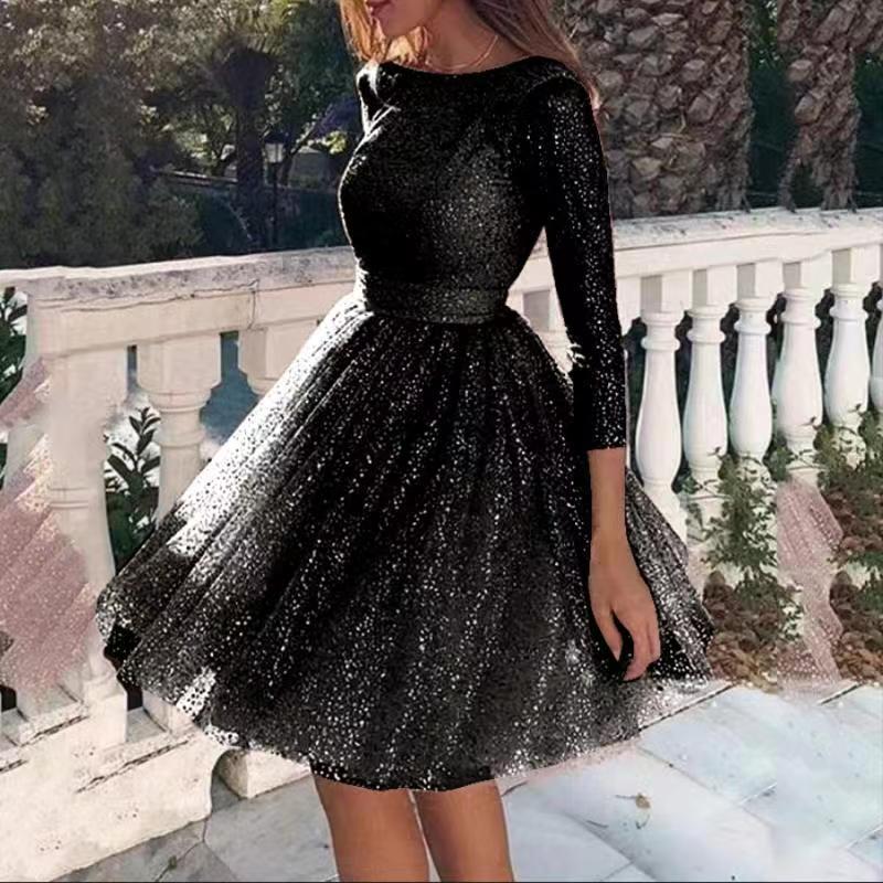 Damen festliches Taillenkleid mit Glitzer und langen Ärmeln Drune