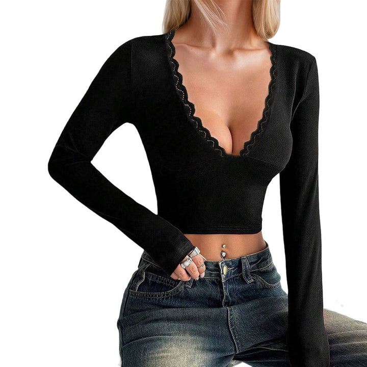 Damen Langarm-Top mit tiefem V-Ausschnitt und eleganter Spitzenborte Drune