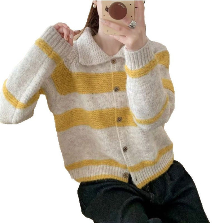 Damen Strickjacke mit dekorativem Kragen und modischen Streifen Drune