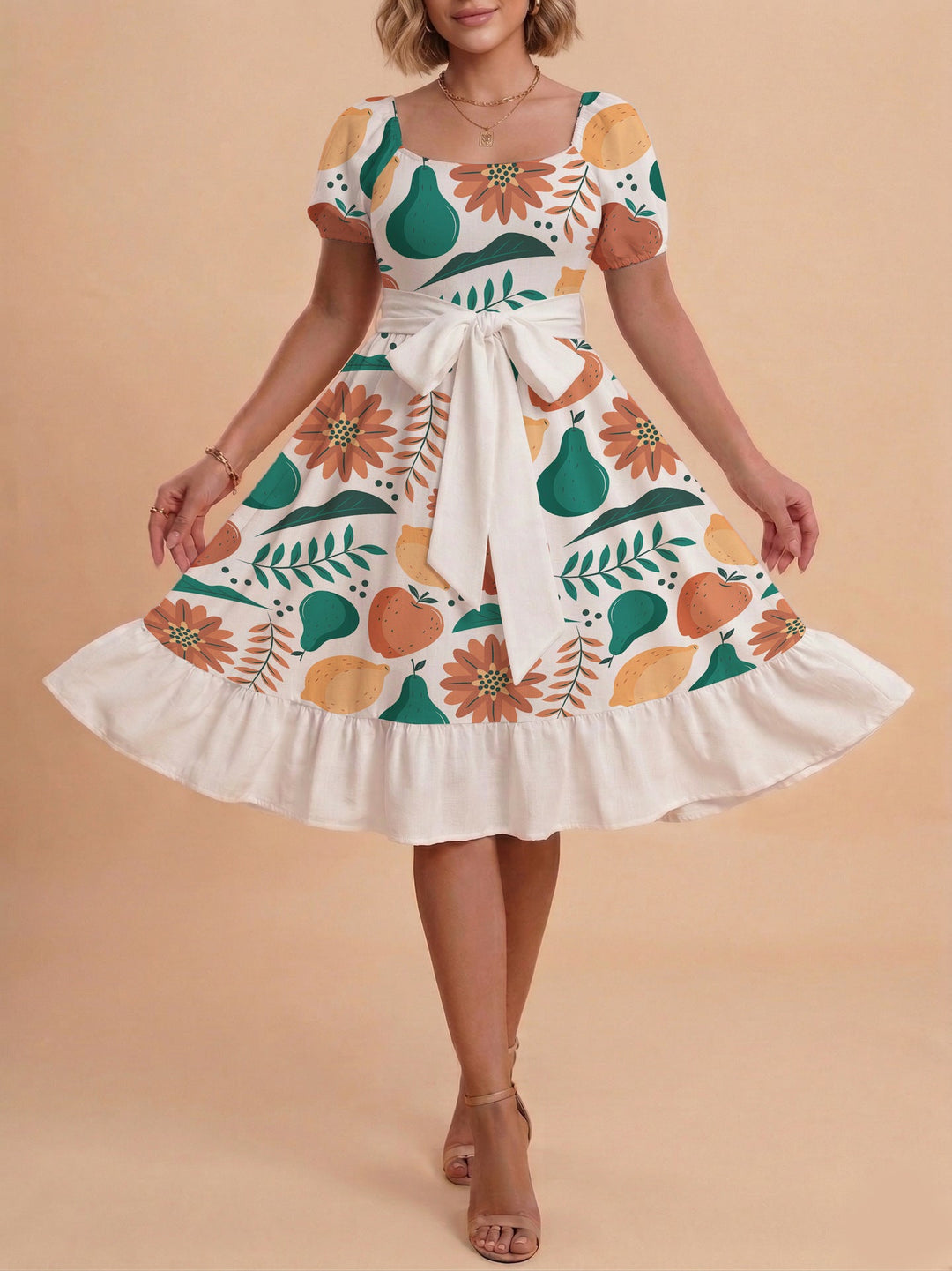 Damen Sommerliches Blumenkleid mit taillierbarem Gürtel und voluminösen Ärmeln Drune