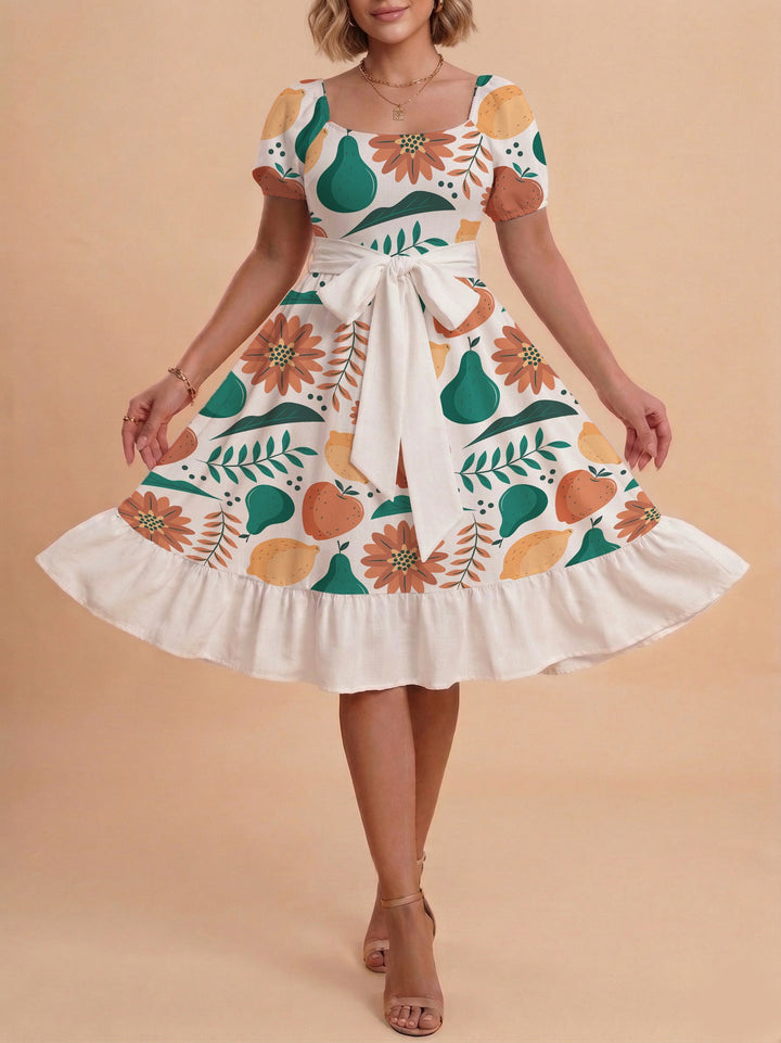 Damen Sommerliches Blumenkleid mit taillierbarem Gürtel und voluminösen Ärmeln Drune