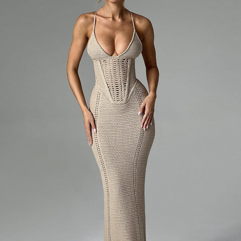 Damen Häkel-Maxikleid mit tiefem V-Ausschnitt und figurbetontem Schnitt Drune