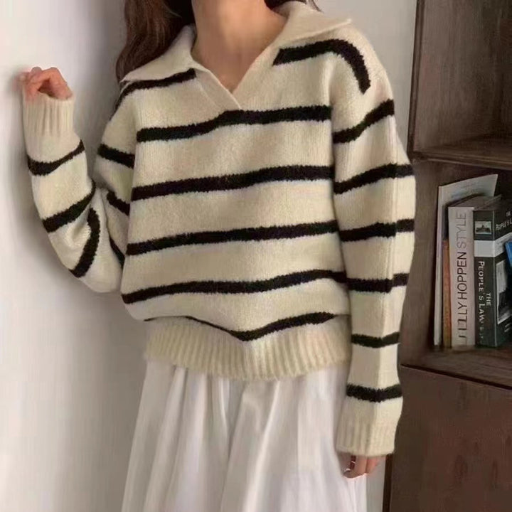 Damen Elegante Pullover mit Streifenmuster und Kragen Drune