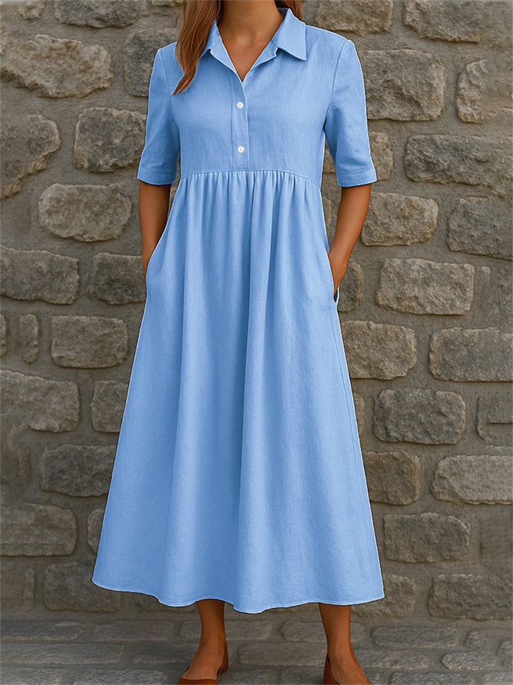 Damen legeres Midi-Kleid mit Knopfleiste und Taschen Drune