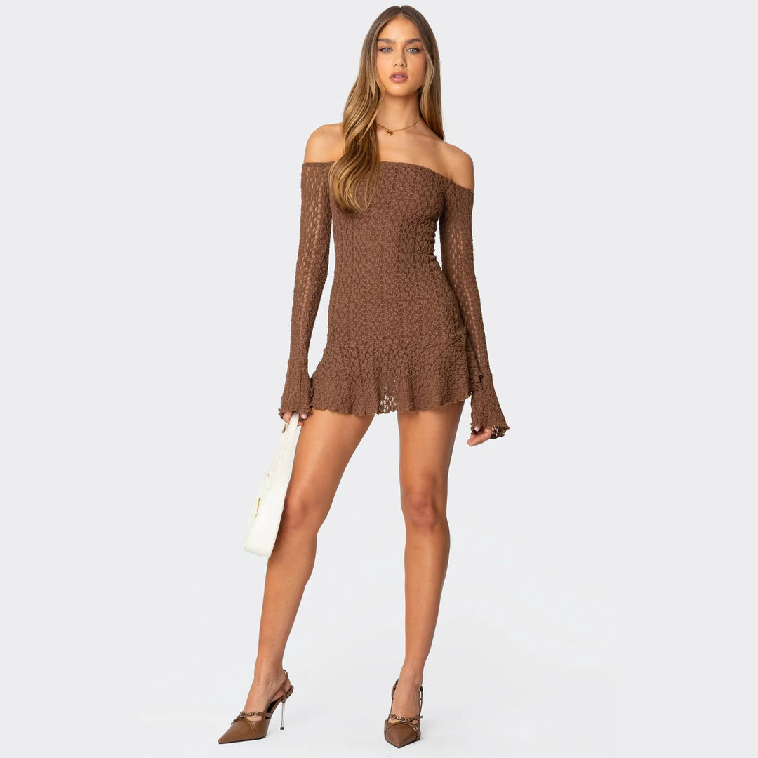 Damen Off-Shoulder Minikleid mit strukturiertem Häkelmuster und schwingendem Saum Drune