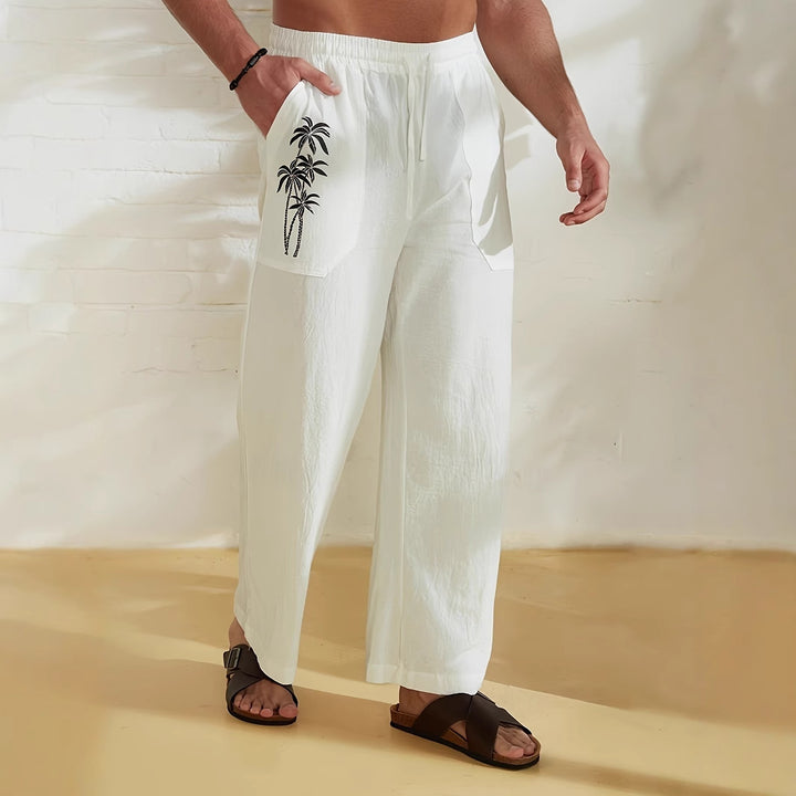 Herren lässige Leinen-Relax-Hose mit palmenmotivierten Taschen Drune