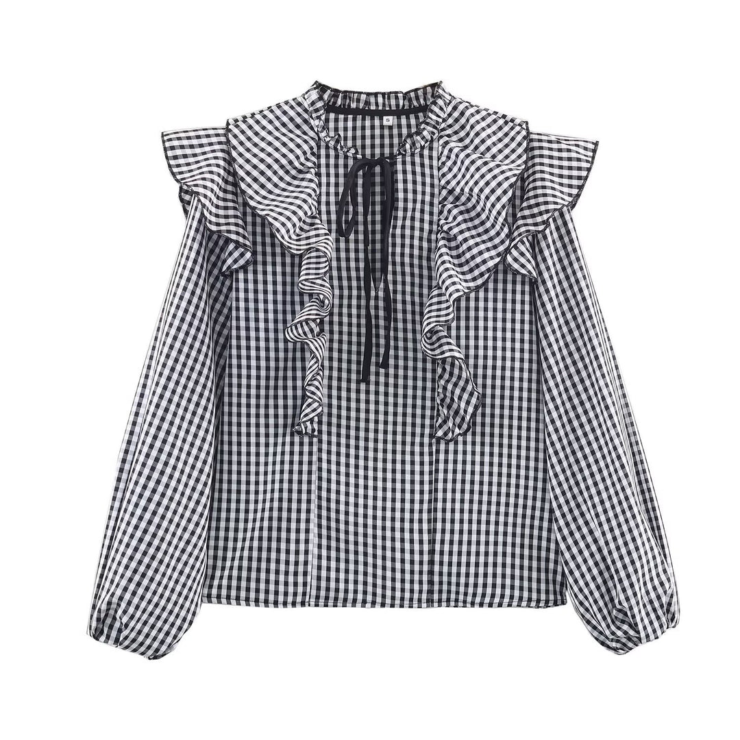 Damen Rüschenshirt mit klassischen Karomuster und eleganten Bindebändern Drune
