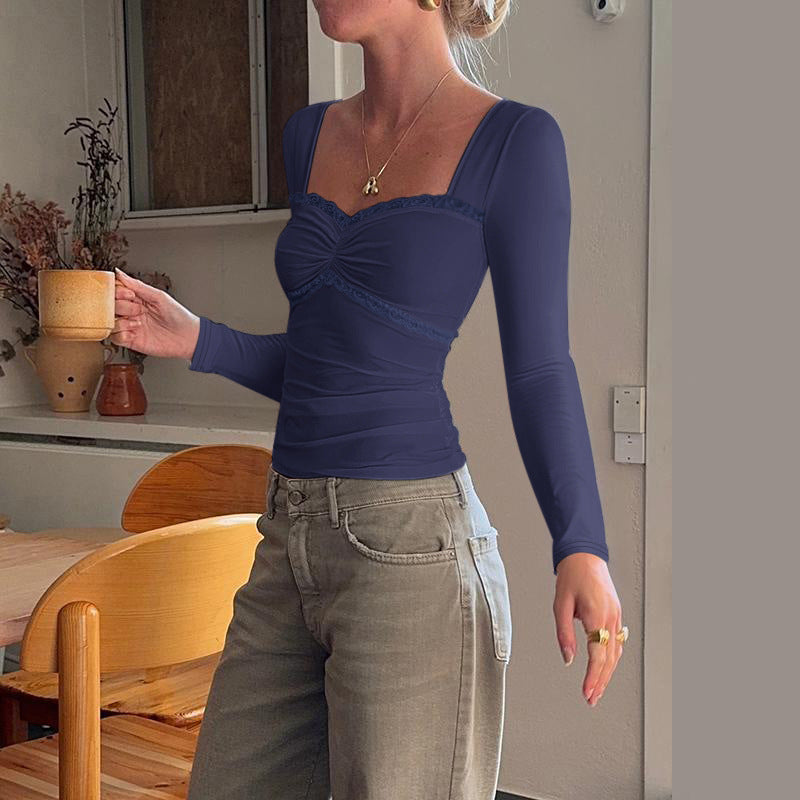 Damen Longsleeve Oberteil mit dekadenter Spitzenborte und raffiniertem Drapierungsdetail Drune