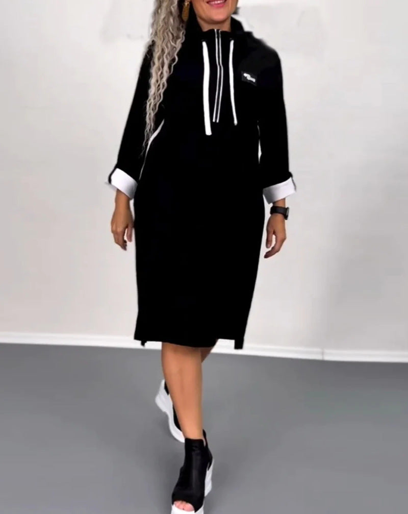 Damen Kapuzenkleid mit seitlichen Taschen und modischem Farbkontrast Drune