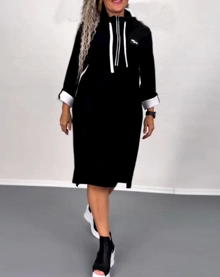 Damen Kapuzenkleid mit seitlichen Taschen und modischem Farbkontrast Drune