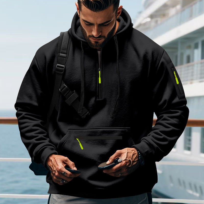 Herren nan technischer Halbzip-Outdoor-Hoodie mit verdeckter Kängurutasche, Reißverschluss-Ärmeltasche und integriertem Kabelkanal Drune
