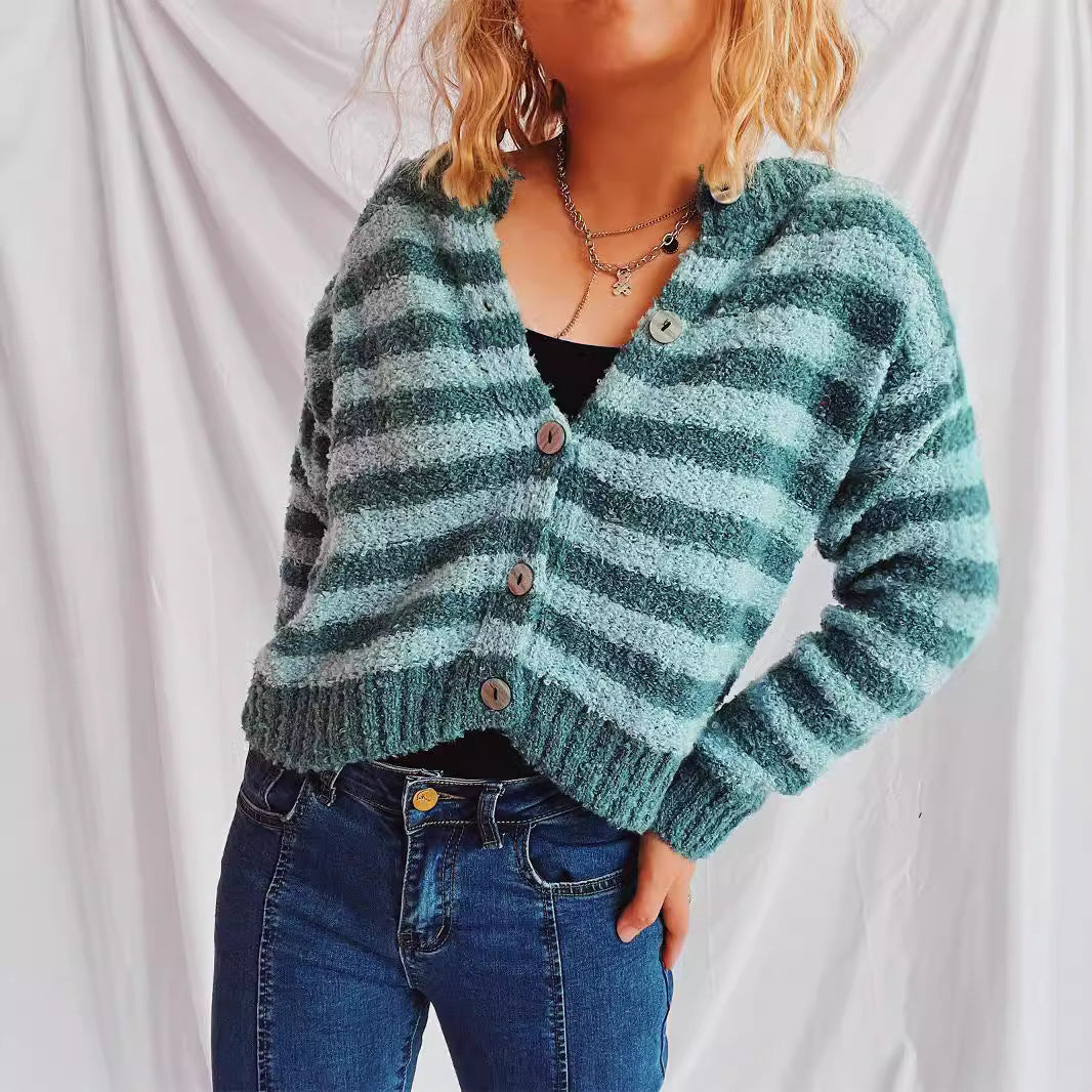 Damen kuschelige Strickjacke mit modernen Streifen und Knopfdetails Drune