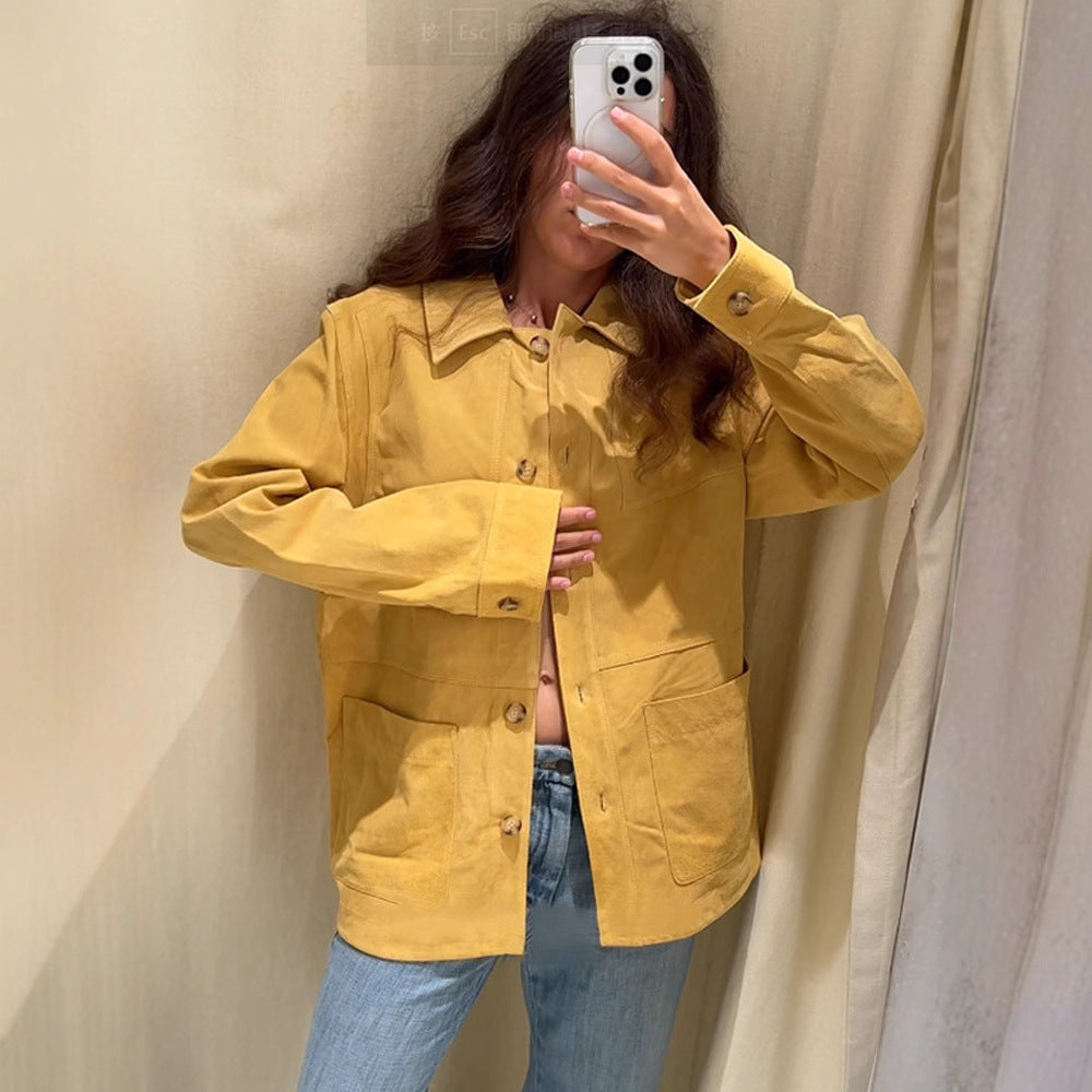 Damen modische Wildlederjacke mit praktischen Taschen Drune