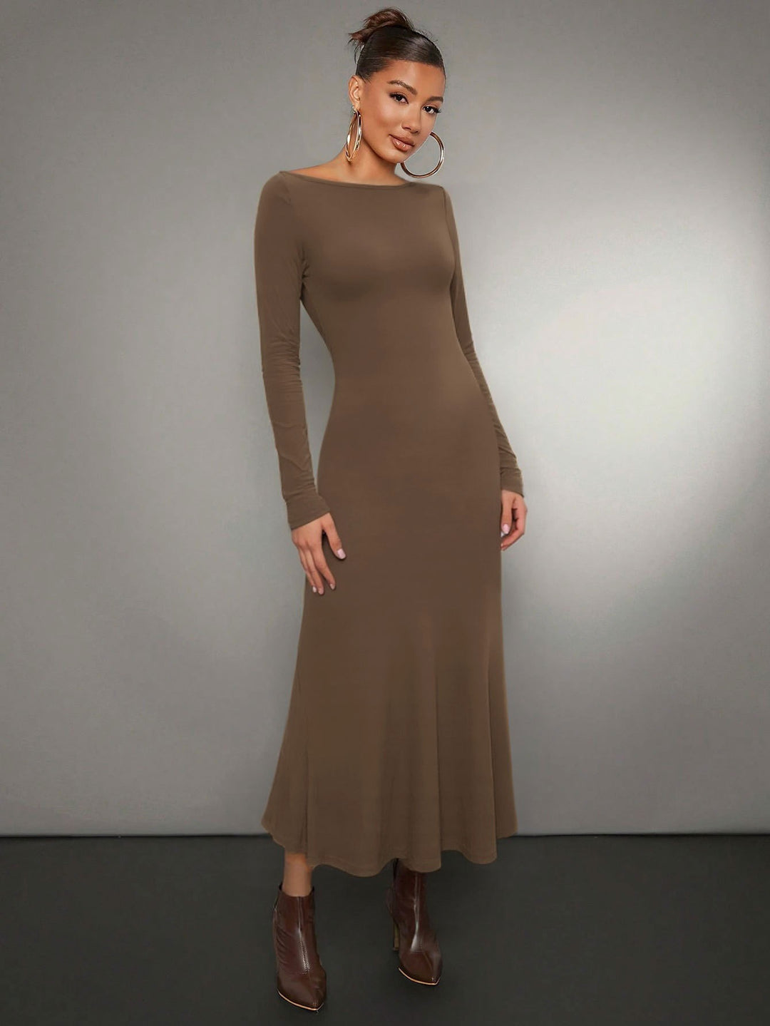 Damen Langarm Midikleid mit elegantem Rundhalsausschnitt und schwingendem Saum Drune
