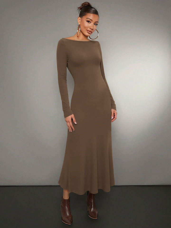 Damen Langarm Midikleid mit elegantem Rundhalsausschnitt und schwingendem Saum Drune