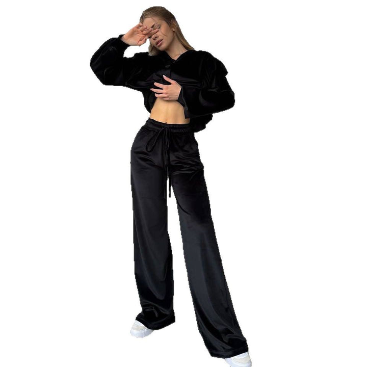 Damen Luxuriöser Samt-Set mit cropped Oberteil undweitem Hose Drune