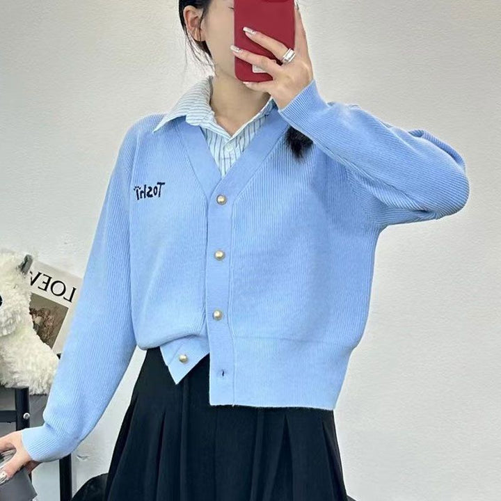 Damen lässige Strickjacke mit V-Ausschnitt und dekorativen Knöpfen Drune