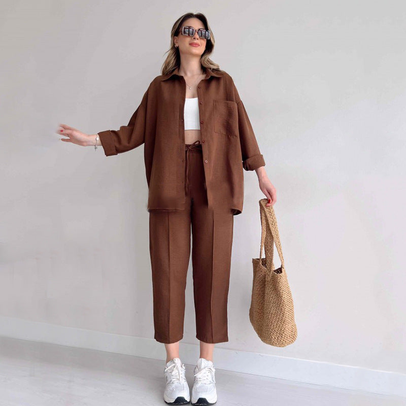 Damen lässiges Zweiteiliges Set aus übergroßem Hemd und bequemen Hosen Drune
