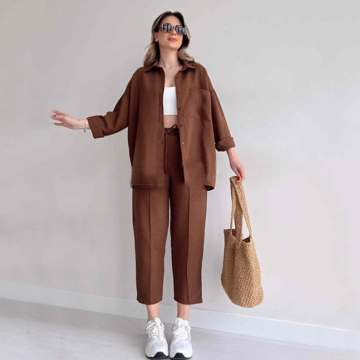 Damen lässiges Zweiteiliges Set aus übergroßem Hemd und bequemen Hosen Drune